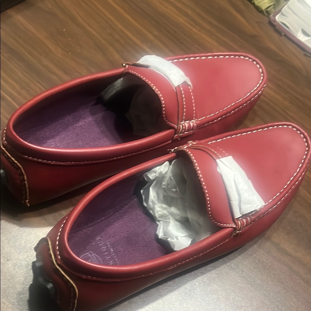 Vibrant Red Slip-On Loafers with White Stripe